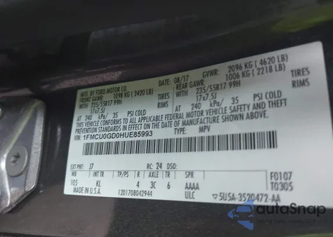 2017 Ford Escape Se from USA, damaged, VIN 1FMCU0GD0HUE85993